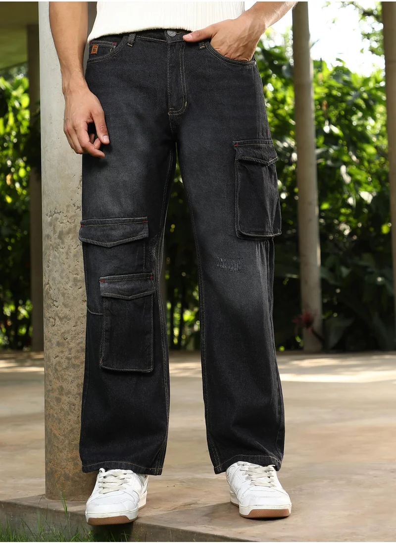 كامبوس سوترا Campus Sutra Men's Charcoal Black Washed Straight-Leg Denim Jeans For Casual Wear | Mid-Rise | Straight Fit | Button Closure | Denim Jeans Crafted With Comfort Fit For Everyday Wear