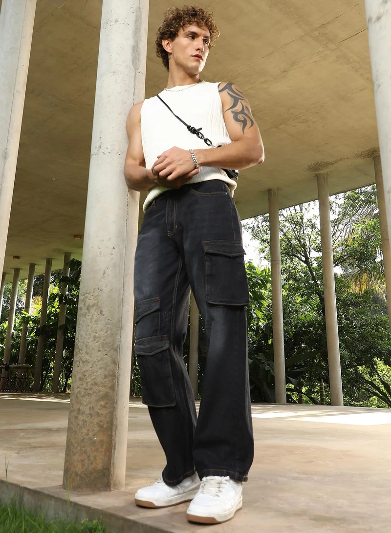 Campus Sutra Campus Sutra Men's Charcoal Black Washed Straight-Leg Denim Jeans For Casual Wear | Mid-Rise | Straight Fit | Button Closure | Denim Jeans Crafted With Comfort Fit For Everyday Wear