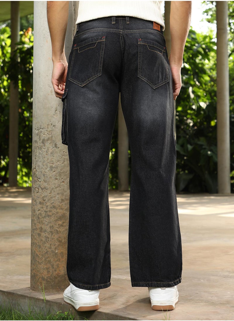 Campus Sutra Campus Sutra Men's Charcoal Black Washed Straight-Leg Denim Jeans For Casual Wear | Mid-Rise | Straight Fit | Button Closure | Denim Jeans Crafted With Comfort Fit For Everyday Wear  - Image 5