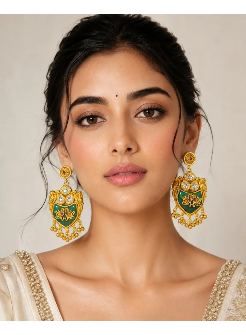 Lehar Imitation Gold-Tone Green Kundan Statement Kashir Dangler Earrings