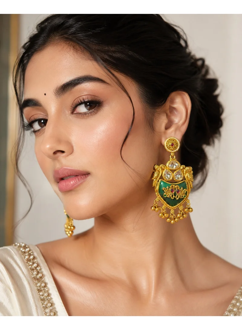 Lehar Imitation Gold-Tone Green Kundan Statement Kashir Dangler Earrings