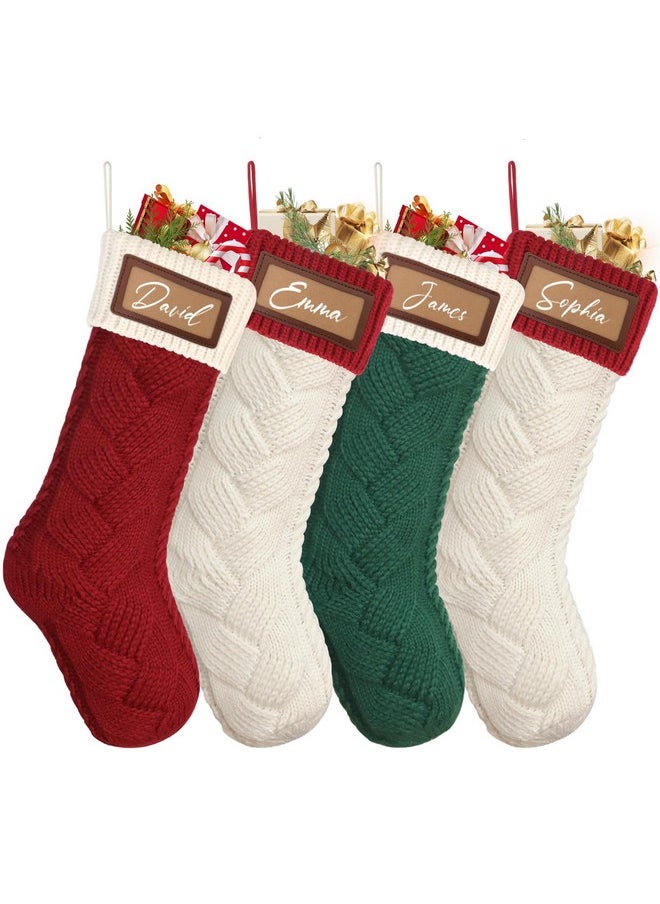 Dremisland - Knitted Christmas Stockings 4Pack 18" Personalized Family Christmas Stocking Custom Name With Leather Patches Burgundy Green White Xmas Hanging Stocking For Holiday Party Decoration - Image 1