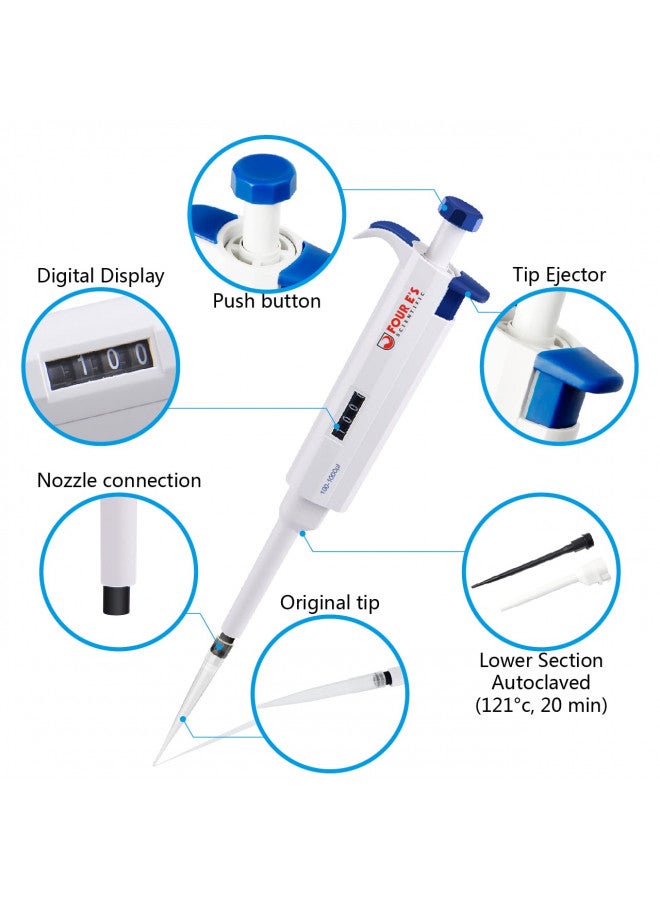 FOUR E'S SCIENTIFIC 1ml Single-Channel Pipettor Adjustable Variable Volume 100-1000ul Micro Pipette High Accurate Pipettor for Laboratory - Image 1