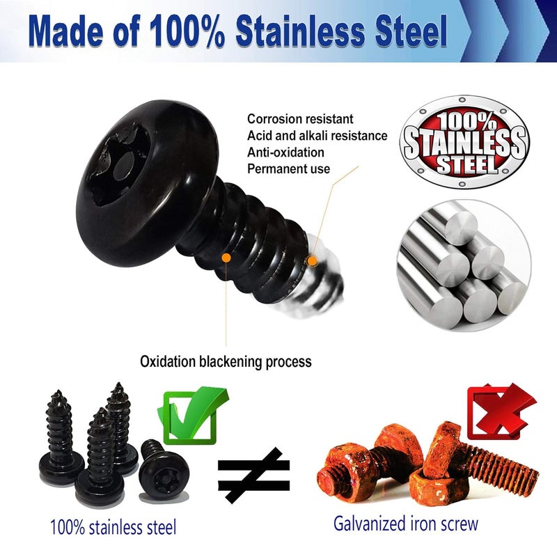 AOOTF Black Anti Theft License Plate Screws - Stainless Steel Mounting Hardware Kit for Front/Rear, M6 Security Screws, Caps, Plug-in Fasteners, Rattle Proof Pads - Image 3