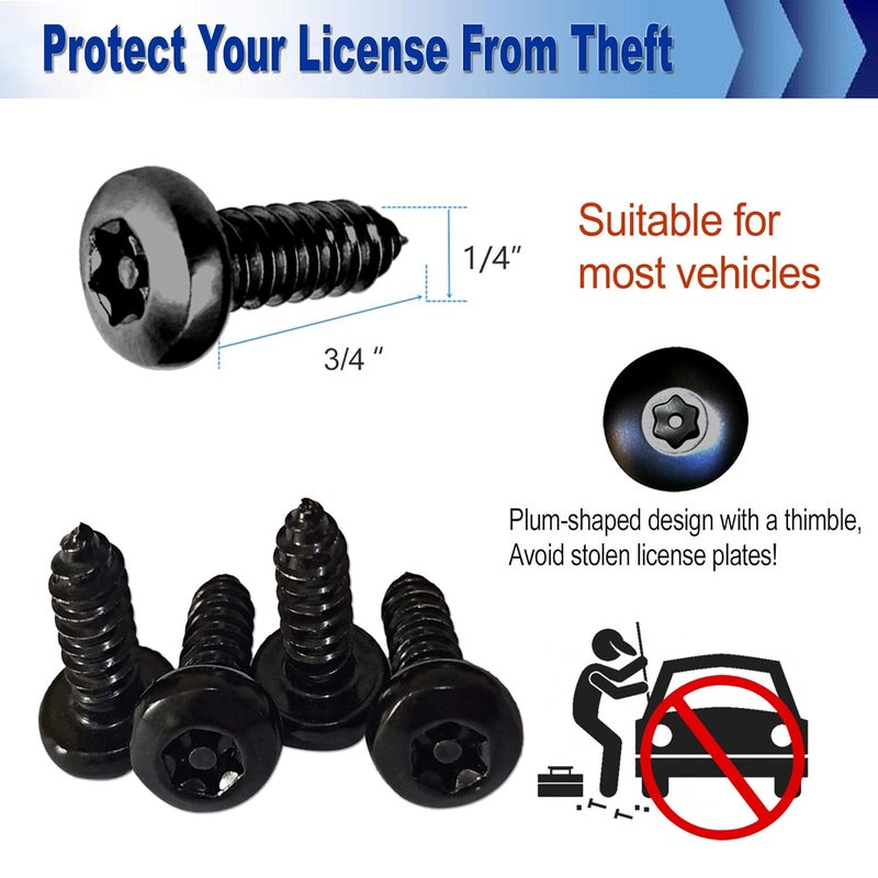 AOOTF Black Anti Theft License Plate Screws - Stainless Steel Mounting Hardware Kit for Front/Rear, M6 Security Screws, Caps, Plug-in Fasteners, Rattle Proof Pads - Image 2