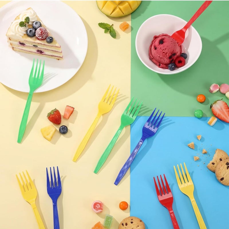 Tioncy 120 Pcs Blue Red Green Yellow Rainbow Disposable Plastic Forks Bulk Colorful Disposable Cutlery Neon Plastic Forks for Holiday Party Picnics Restaurant Outdoor Events - Image 3