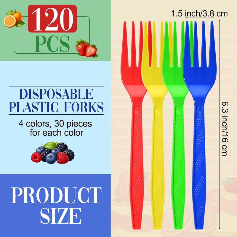 Tioncy 120 Pcs Blue Red Green Yellow Rainbow Disposable Plastic Forks Bulk Colorful Disposable Cutlery Neon Plastic Forks for Holiday Party Picnics Restaurant Outdoor Events - Image 2