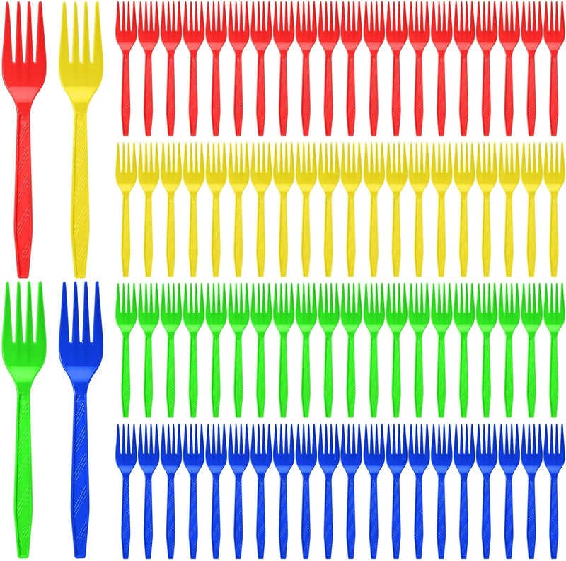 Tioncy 120 Pcs Blue Red Green Yellow Rainbow Disposable Plastic Forks Bulk Colorful Disposable Cutlery Neon Plastic Forks for Holiday Party Picnics Restaurant Outdoor Events - Image 1