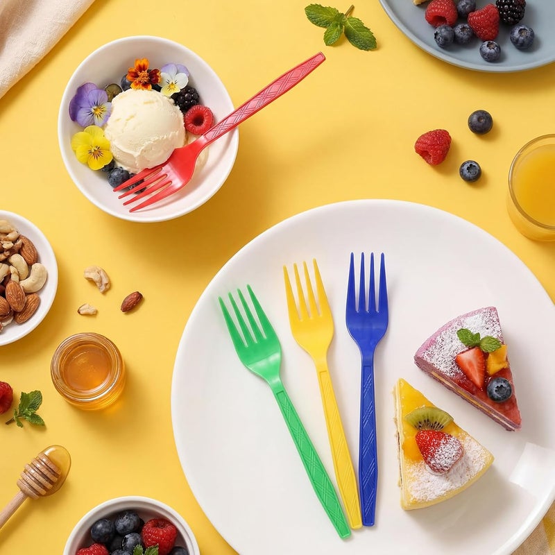 Tioncy 120 Pcs Blue Red Green Yellow Rainbow Disposable Plastic Forks Bulk Colorful Disposable Cutlery Neon Plastic Forks for Holiday Party Picnics Restaurant Outdoor Events - Image 4