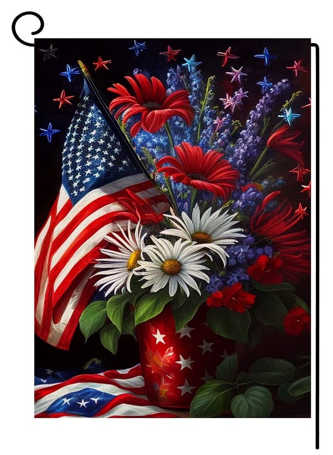 BLKWHT 4th of July Floral Garden Flag 12x18 Vertical Double Sided Patriotic USA Flag Red Blue Memorial Day Independence Day Outside Decorations Burlap Yard Flag BW299 - Image 1