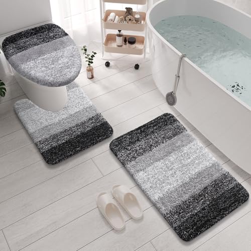 Arotive Microfiber Bathroom Rugs 3 Piece with Toilet Lid Cover, Shaggy Soft and Absorbent Bath Rug, Non-Slip, Machine Washable Bath Mats for Bathroom（24x16+24x20+17.5x15, Black - Image 1