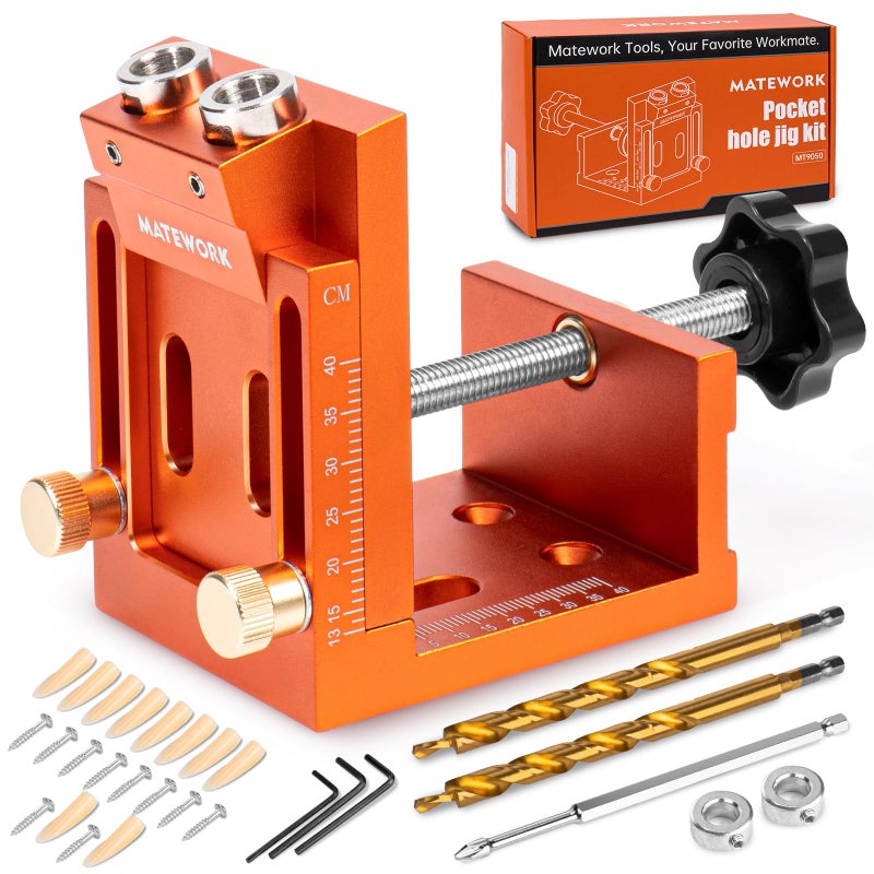 Matework Pocket Hole Jig Kit, Matework Adjustable Pocket Hole Jig System with Stop Collars, Pocket Holes Tool 30PCS with Screws, Wood Plug, Allen Wrench for Woodworking - Image 1