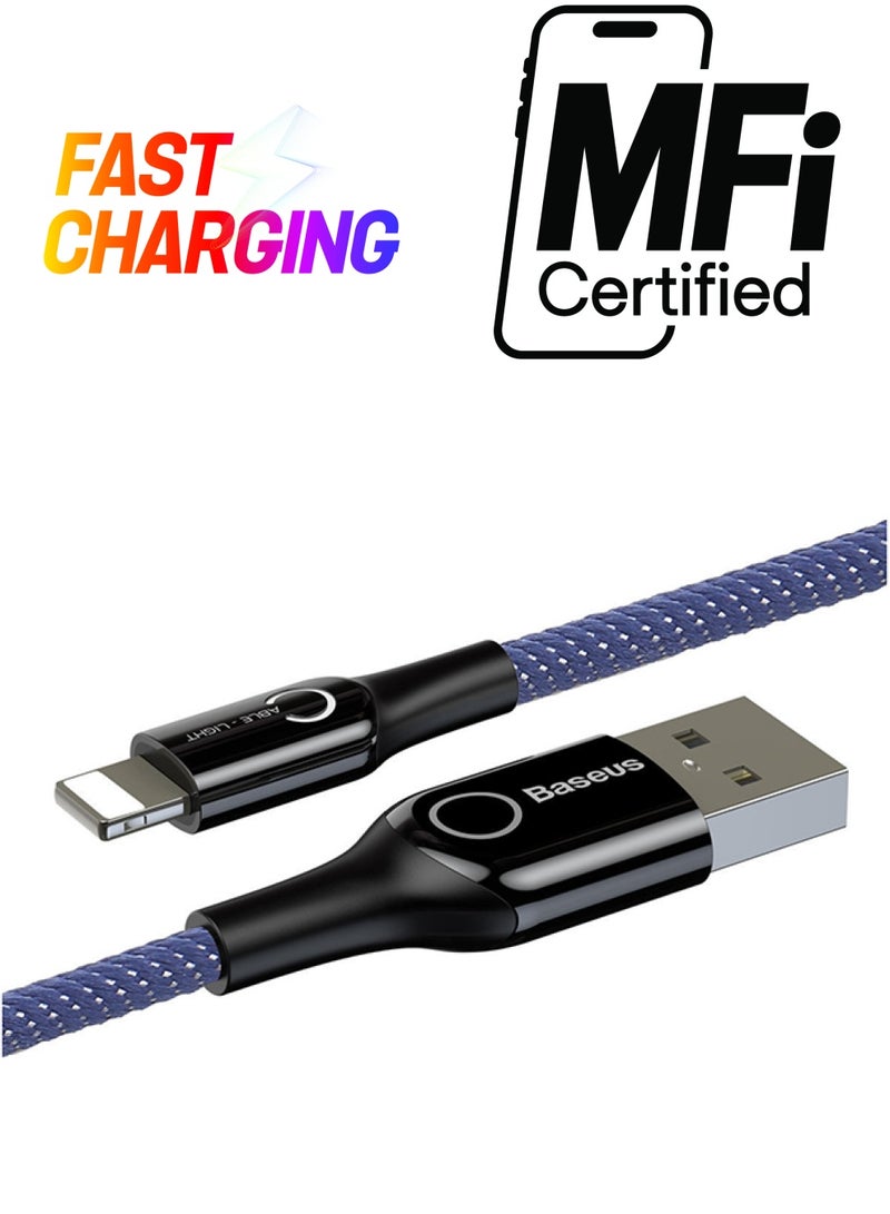 Baseus Lightning-Fast Charging Cable with Light Intelligent power-off 1M Nylon Braided Fast Charging & Sync - LED indicator, Compatible with iPhone 13 Pro/12/11/11 pro/11pro max/X XR Max 8 7 Plus and More Blue - Image 1