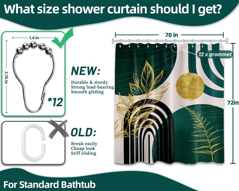 QGHOT Dark Green Shower Curtain Boho Mid Century Modern Emerald Hunter Green and Gold Shower Curtains for Bathroom Decor, Waterproof Cloth Fabric with Hooks, 70" W x 72" L - Image 4
