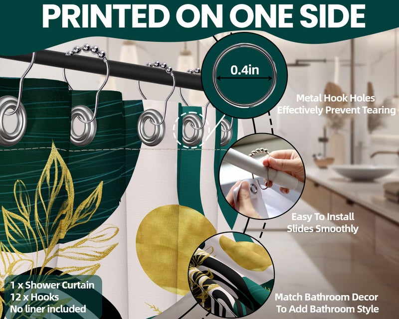 QGHOT Dark Green Shower Curtain Boho Mid Century Modern Emerald Hunter Green and Gold Shower Curtains for Bathroom Decor, Waterproof Cloth Fabric with Hooks, 70" W x 72" L - Image 5