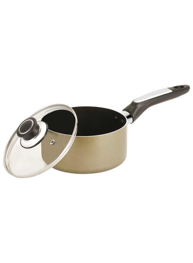 Royalford Aluminium Sauce Pan With CD Bottom, Heat-Resistant Exterior, Strong Bakelite Handle, Tempered Glass Lid With Steel Frame Gold - Image 2