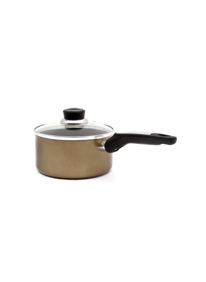 Royalford Aluminium Sauce Pan With CD Bottom, Heat-Resistant Exterior, Strong Bakelite Handle, Tempered Glass Lid With Steel Frame Gold - Image 1