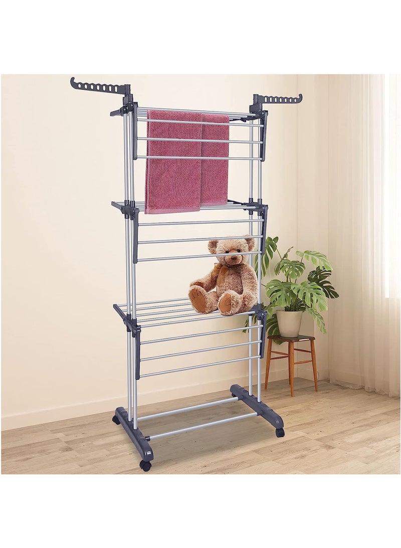 Arabest Clothes Drying Rack Folding Drying Rack Clothing 4 Tier Clothes Horses Rack Stainless Steel Laundry Drying Rack with Two Side Wings Grey - Image 1
