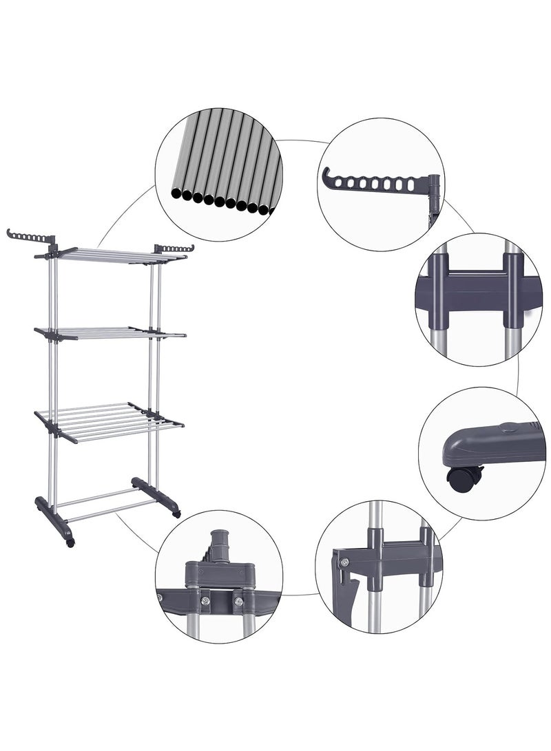 Arabest Clothes Drying Rack Folding Drying Rack Clothing 4 Tier Clothes Horses Rack Stainless Steel Laundry Drying Rack with Two Side Wings Grey - Image 4