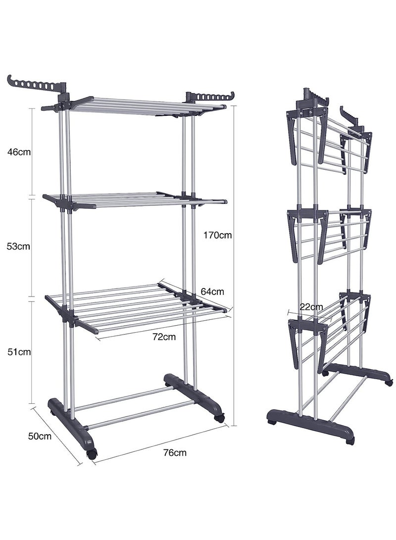 Arabest Clothes Drying Rack Folding Drying Rack Clothing 4 Tier Clothes Horses Rack Stainless Steel Laundry Drying Rack with Two Side Wings Grey - Image 5