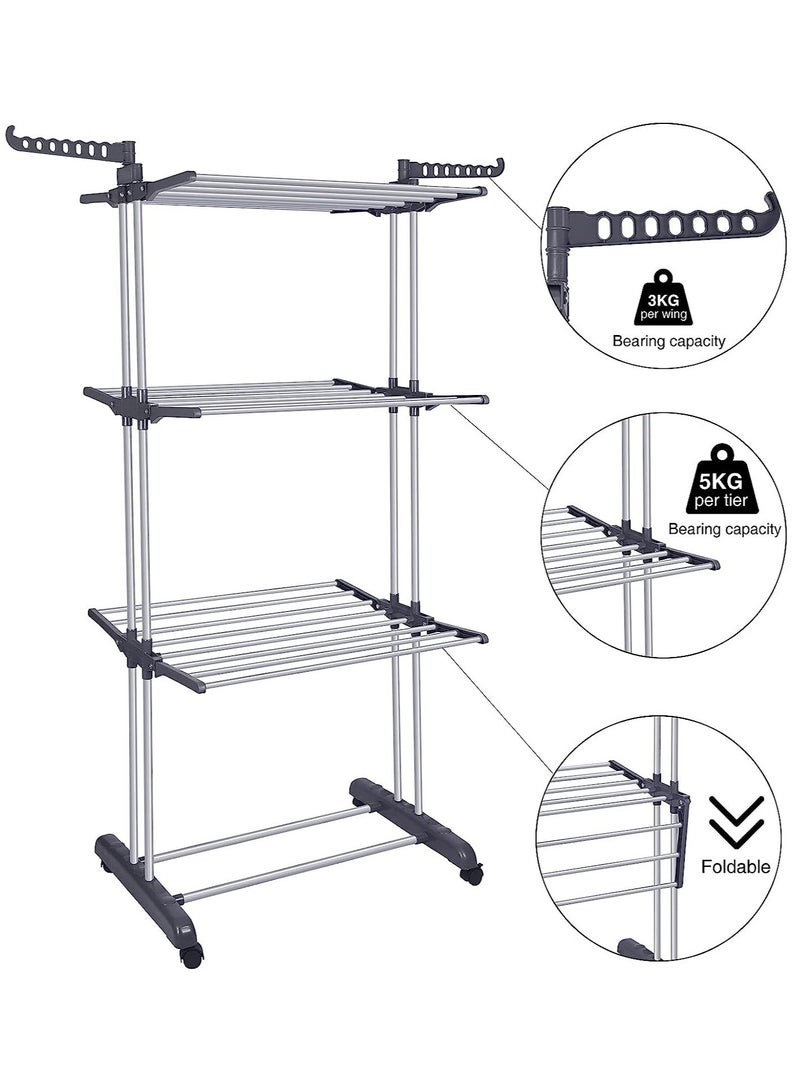 Arabest Clothes Drying Rack Folding Drying Rack Clothing 4 Tier Clothes Horses Rack Stainless Steel Laundry Drying Rack with Two Side Wings Grey - Image 2