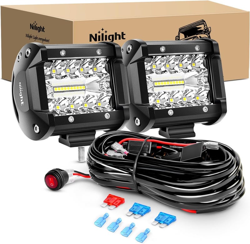 Nilight LED Light Bar 2PCS 60W 4 Inch Flood Spot Combo LED Work Light Pods Triple Row Work Driving Lamp with 12 ft Wiring Harness kit - 2 Leads,2 Year Warranty - Image 1