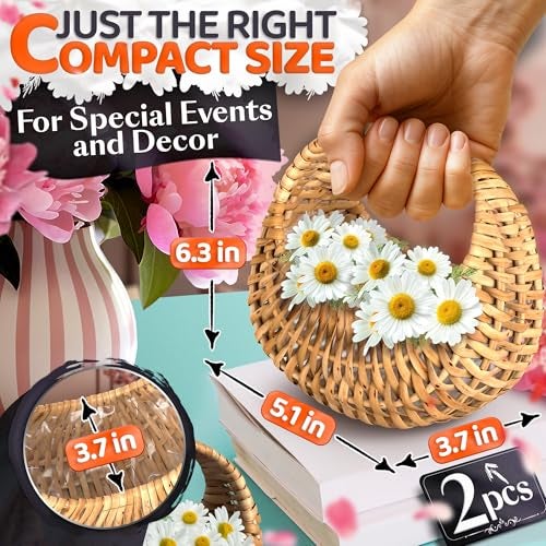 AZZORI Small Flower Girl Basket Set of 2 – Small Wicker Basket with Handle & Waterproof Lining (6.3" х 5.12" х 3.75") Rustic Style for Wedding Flowers, Sweets & Gifts – Compact, Lightweight & Multifunctional - Image 2