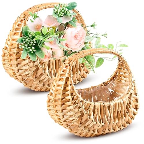 AZZORI Small Flower Girl Basket Set of 2 – Small Wicker Basket with Handle & Waterproof Lining (6.3" х 5.12" х 3.75") Rustic Style for Wedding Flowers, Sweets & Gifts – Compact, Lightweight & Multifunctional - Image 1