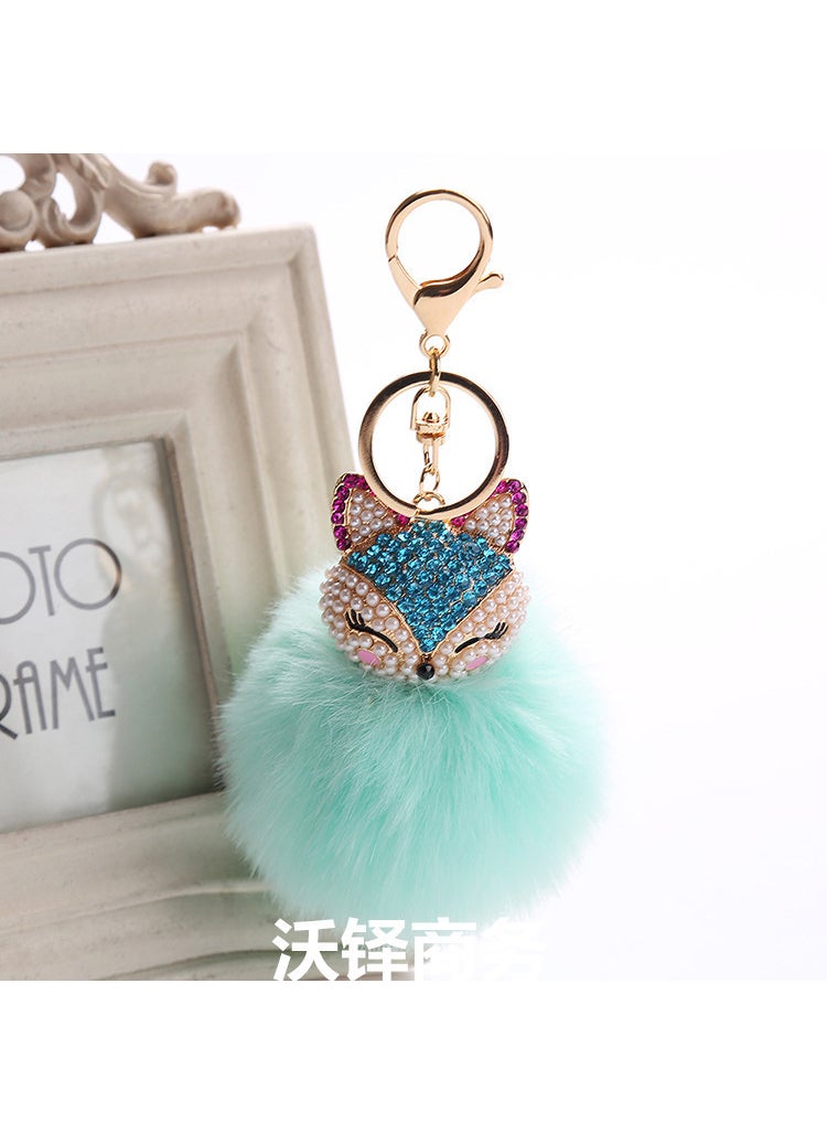 Generic - Plush Fox Keychain, Rhinestone Fur Ball Pendant Mint Green - Image 1