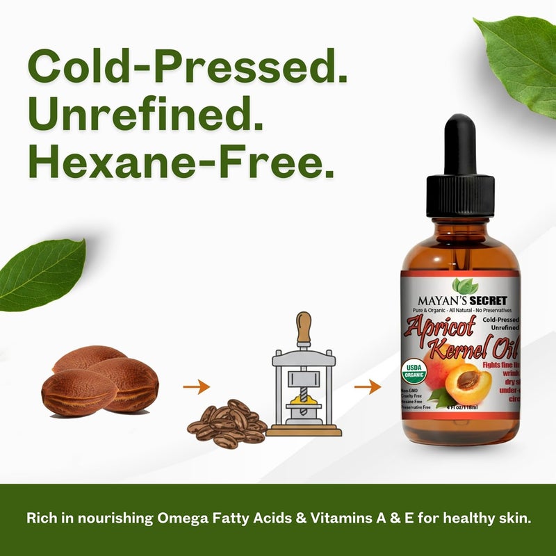 Mayan's Secret Mayanâ€™s Secret Organic Apricot Kernel Oil â€“ Cold Pressed & Unrefined Moisturizing for Skin, Face, and Hair â€“ Pure Organic Apricot Seed Oil in Amber Glass Bottle with Dropper, 4 oz. - USDA Certified - Image 4