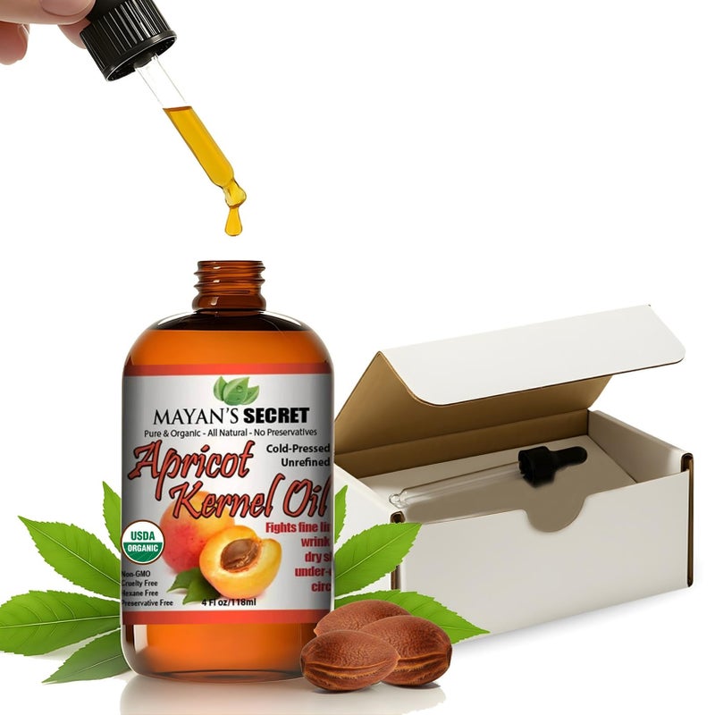 Mayan's Secret Mayanâ€™s Secret Organic Apricot Kernel Oil â€“ Cold Pressed & Unrefined Moisturizing for Skin, Face, and Hair â€“ Pure Organic Apricot Seed Oil in Amber Glass Bottle with Dropper, 4 oz. - USDA Certified - Image 1