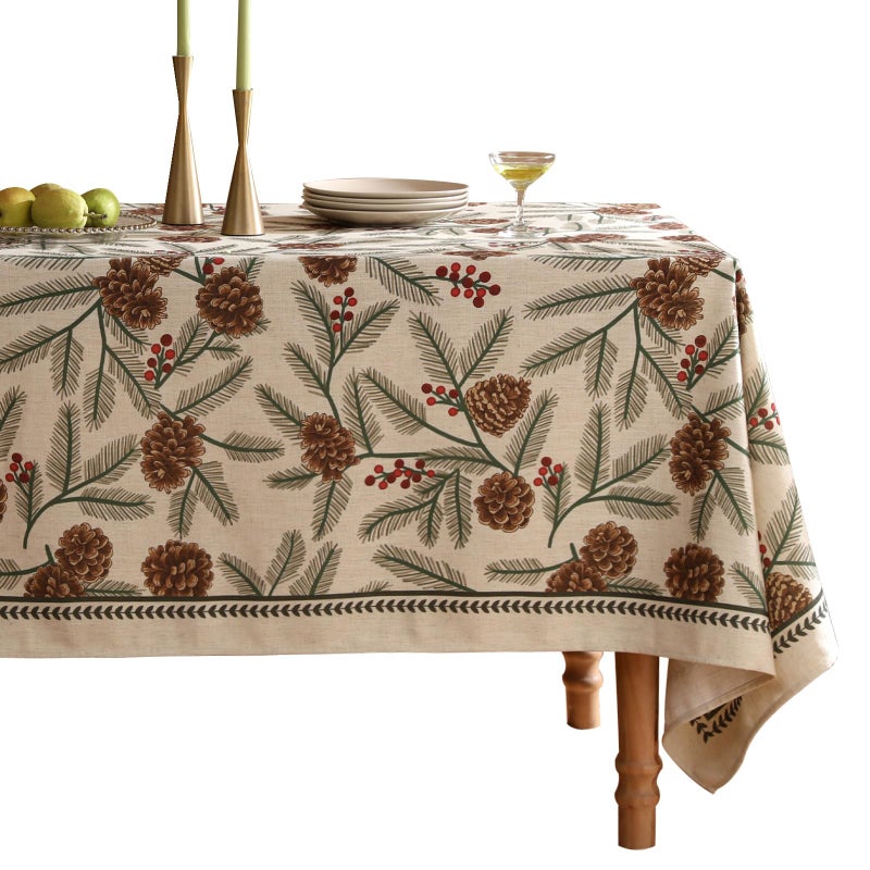 ISAENNE Designer Christmas Beige Linen Table Cloth for Rectangle Table,Pinecones Pattern Indoor Tablecloths,Washable Decor Tablecloth for Dining Thanksgiving Kitchen Christmas,55"*79"-Carol B - Image 1