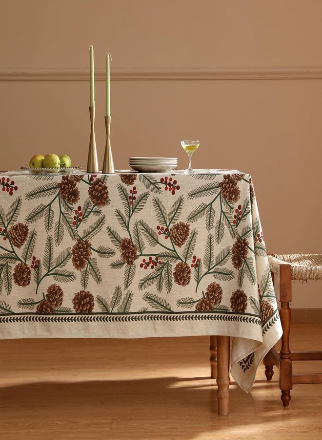 ISAENNE Designer Christmas Beige Linen Table Cloth for Rectangle Table,Pinecones Pattern Indoor Tablecloths,Washable Decor Tablecloth for Dining Thanksgiving Kitchen Christmas,55"*79"-Carol B - Image 2