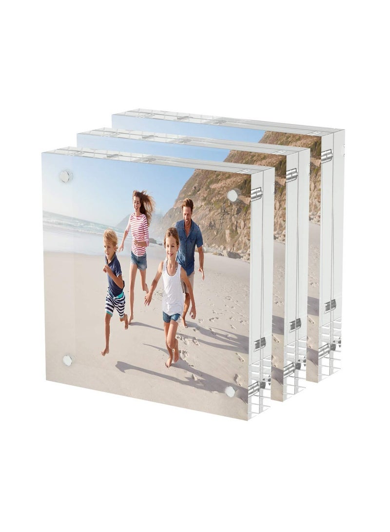 KASTWAVE حزمة 3 إطارات صور أكريليك مقاس 4x4 بوصة، كتلة أكريليك مغناطيسية سميكة مقاومة للأشعة فوق البنفسجية، إطار مربع شفاف بدون حواف مزدوج الجوانب قائم بذاته لعرض المكتب - Image 1