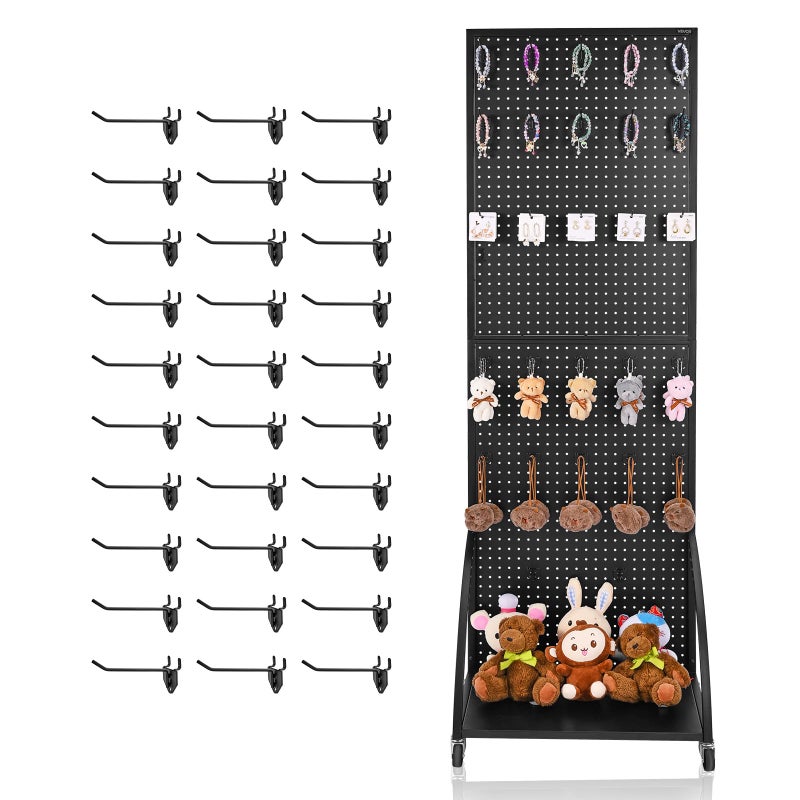 VEVOR Standing Pegboard Display with Base Plate 237 x 66 in Pegboard Display Stand with Casters and 30 Hooks Thickened ColdRolled Steel Peg Board Panel for Retail Store and Jewelry Shop Black - Image 2