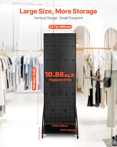VEVOR Standing Pegboard Display with Base Plate 237 x 66 in Pegboard Display Stand with Casters and 30 Hooks Thickened ColdRolled Steel Peg Board Panel for Retail Store and Jewelry Shop Black - Image 3