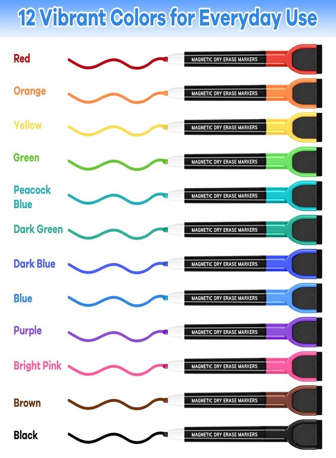 SUQJOY Magnetic Dry Erase Markers with Eraser Caps, 1-2mm Bullet Tip, Low Odor Quick Dry Ink, 12 Colors, Whiteboard Marker Set for Fridge Calendar Office, 12 Count - Image 2