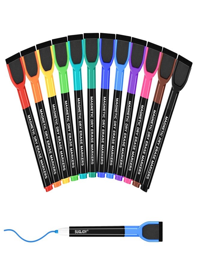 SUQJOY Magnetic Dry Erase Markers with Eraser Caps, 1-2mm Bullet Tip, Low Odor Quick Dry Ink, 12 Colors, Whiteboard Marker Set for Fridge Calendar Office, 12 Count - Image 1