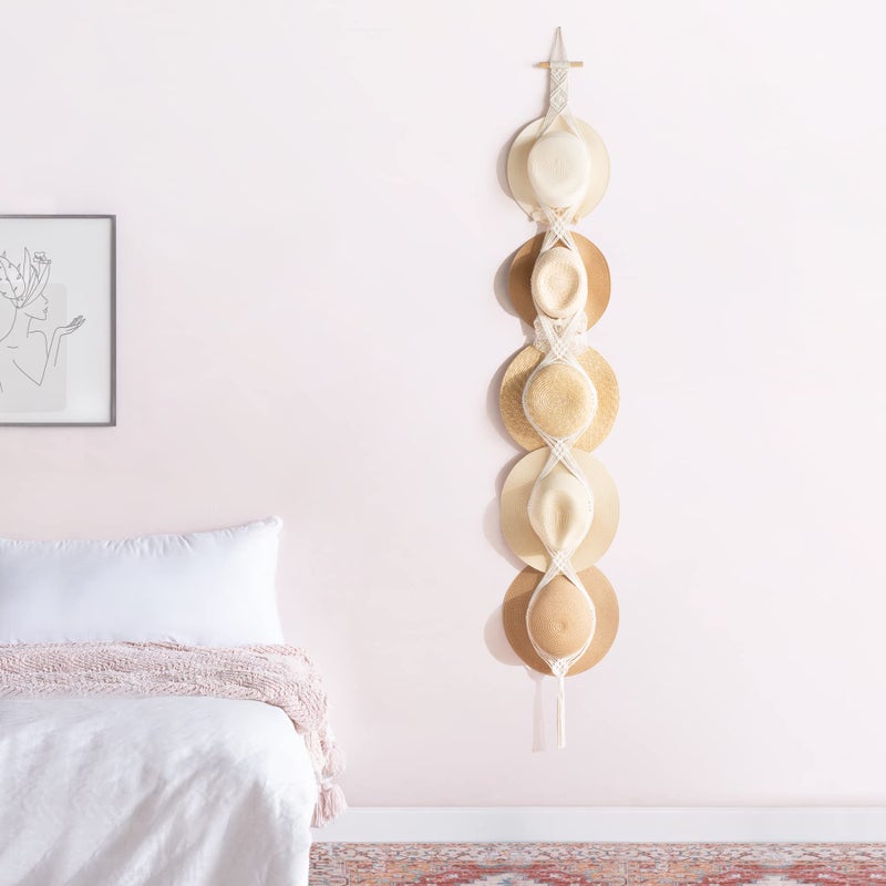 Dahey Macrame Hat Hangers Hat Rack for Wall Cowboy Hat Organizer Hanging Display Hand Weaving Bobo Hat Holder Westen Decor for Wide Brim Hats Bowler Fedora Hats, 5 Hats Style - Image 2