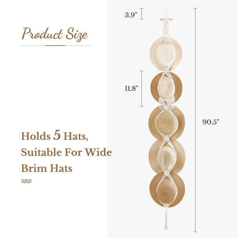 Dahey Macrame Hat Hangers Hat Rack for Wall Cowboy Hat Organizer Hanging Display Hand Weaving Bobo Hat Holder Westen Decor for Wide Brim Hats Bowler Fedora Hats, 5 Hats Style - Image 4
