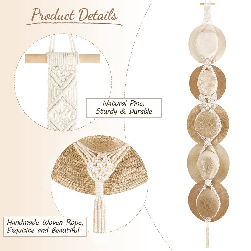 Dahey Macrame Hat Hangers Hat Rack for Wall Cowboy Hat Organizer Hanging Display Hand Weaving Bobo Hat Holder Westen Decor for Wide Brim Hats Bowler Fedora Hats, 5 Hats Style - Image 3