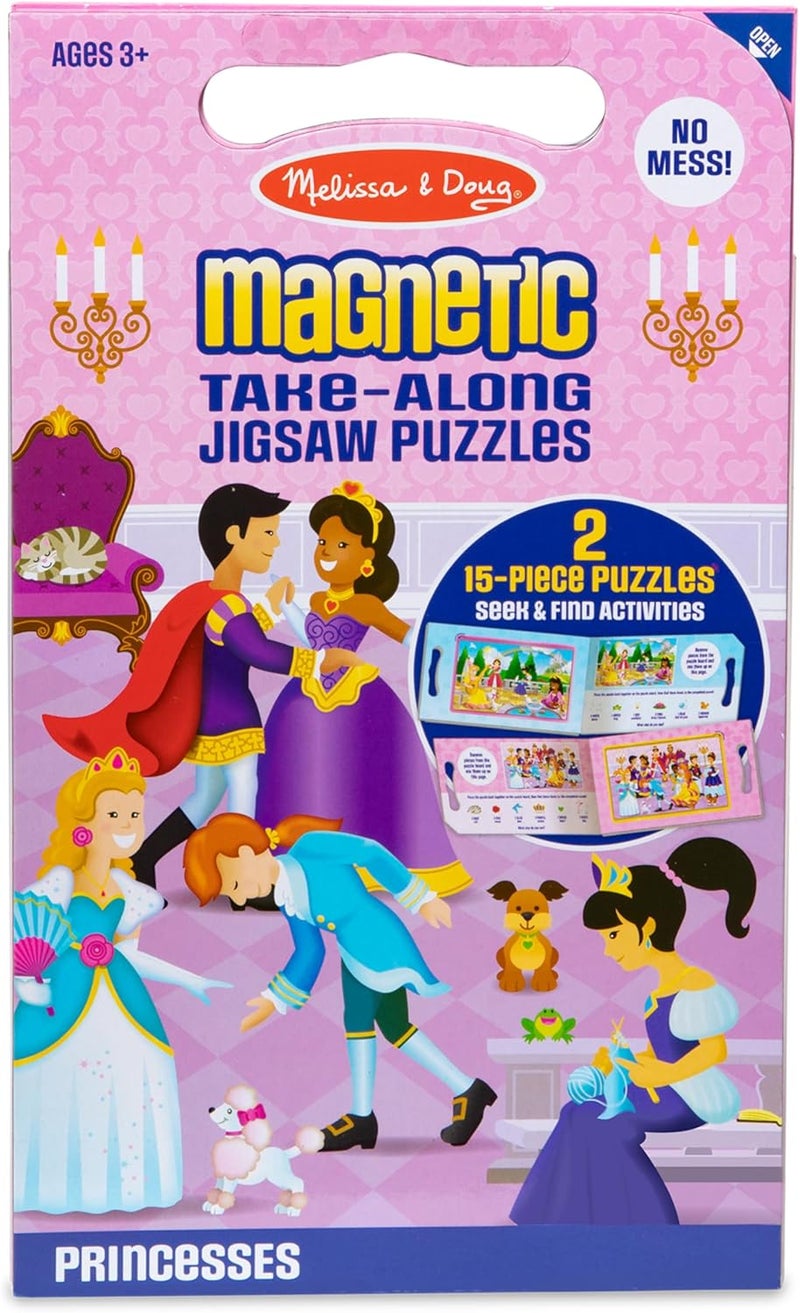 Melissa & Doug Take-Along Magnetic Jigsaw Puzzles Travel Toy Princesses, 1 EA, Pink/violet (2 15-Piece Puzzles) - Image 1