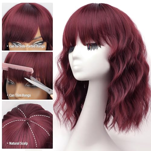 Nnzes Bob Curly Wig Synthetic Short Wine Red Wig with Bangs Natural Looking Heat Resistant Fiber Hair for Women - Image 2