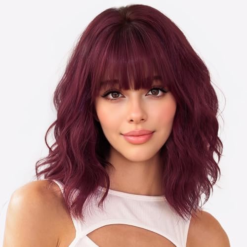 Nnzes Bob Curly Wig Synthetic Short Wine Red Wig with Bangs Natural Looking Heat Resistant Fiber Hair for Women - Image 1