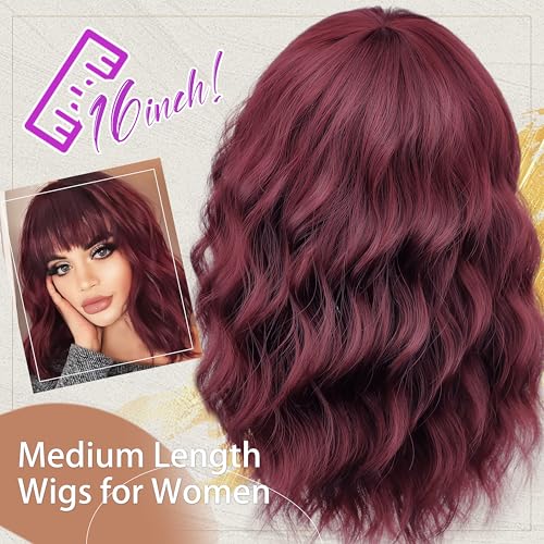 Nnzes Bob Curly Wig Synthetic Short Wine Red Wig with Bangs Natural Looking Heat Resistant Fiber Hair for Women - Image 4