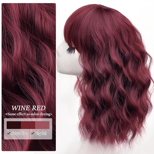 Nnzes Bob Curly Wig Synthetic Short Wine Red Wig with Bangs Natural Looking Heat Resistant Fiber Hair for Women - Image 3