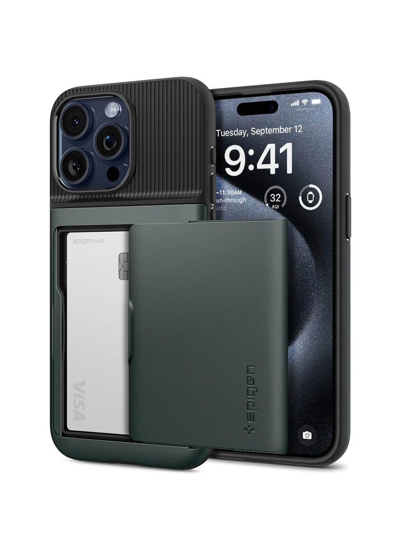 Spigen - Slim Armor Cs for Iphone 15 Pro Case Cover With Card Holder Slot Abyss Green - Image 1