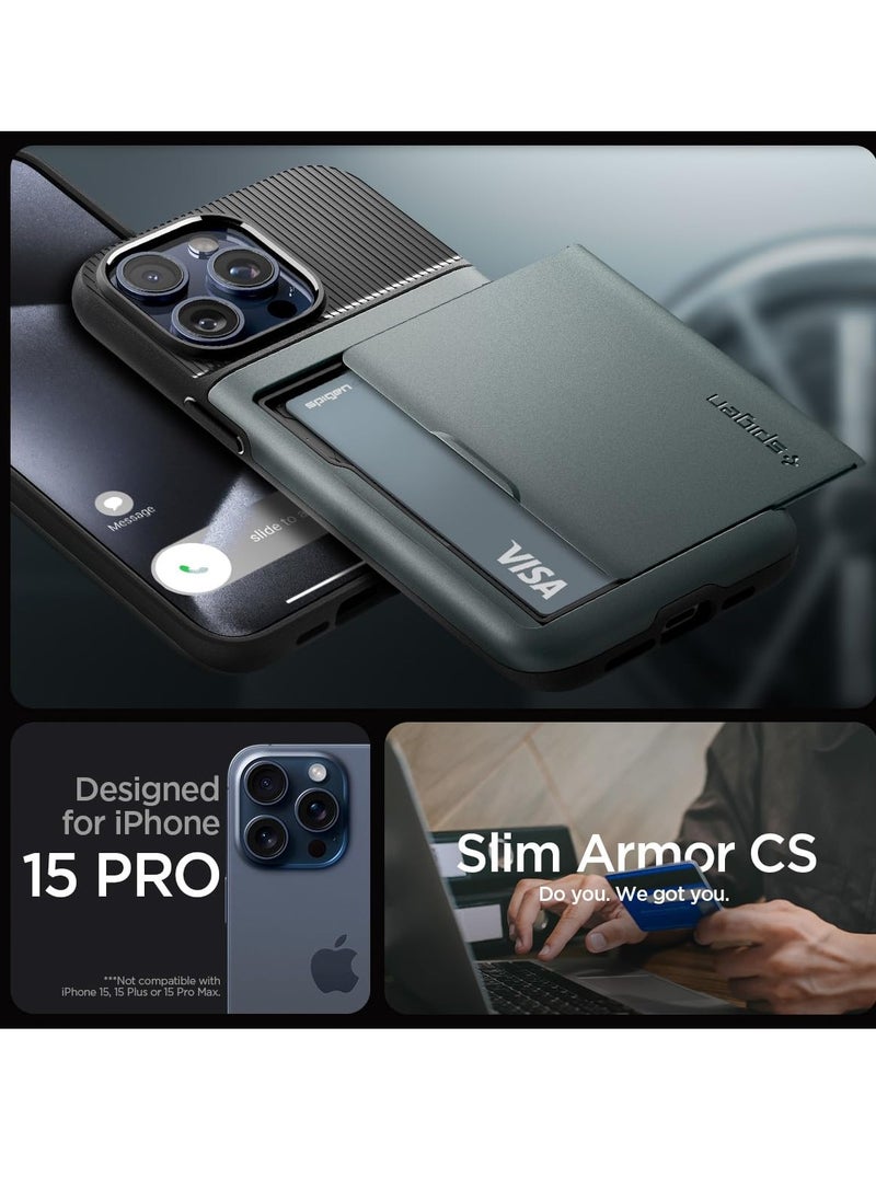 Spigen - Slim Armor Cs for Iphone 15 Pro Case Cover With Card Holder Slot Abyss Green - Image 1