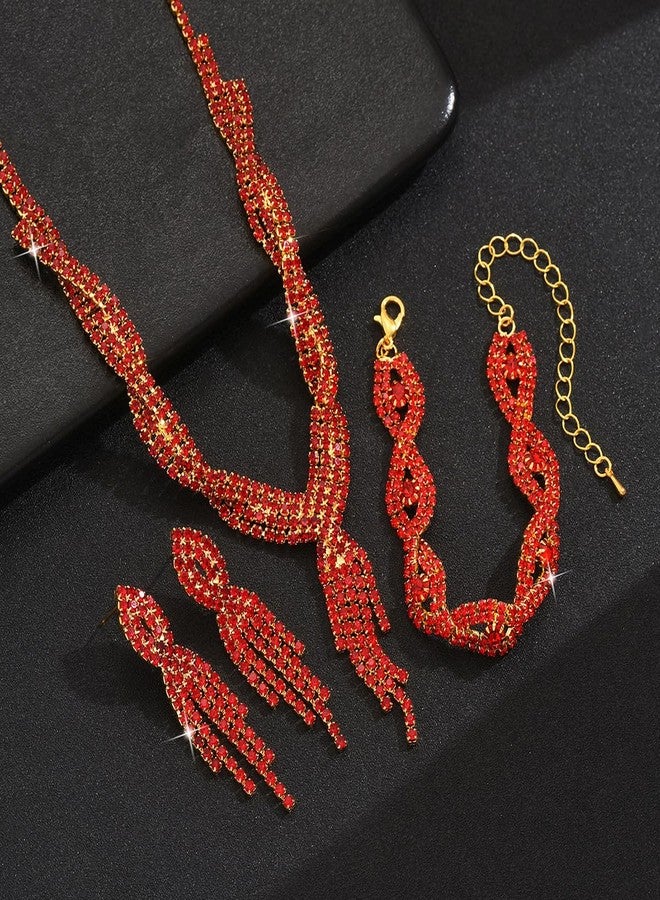MarveBard Prom Jewelry Set for Women Wedding Bride Crystal Set Rhinestone Tassel Necklace Earrings Bracelet Wedding Party Jewelry (Red) - Image 3