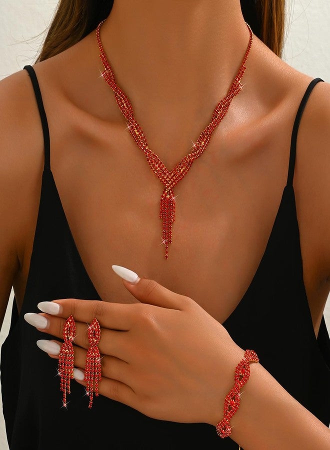 MarveBard Prom Jewelry Set for Women Wedding Bride Crystal Set Rhinestone Tassel Necklace Earrings Bracelet Wedding Party Jewelry (Red) - Image 2